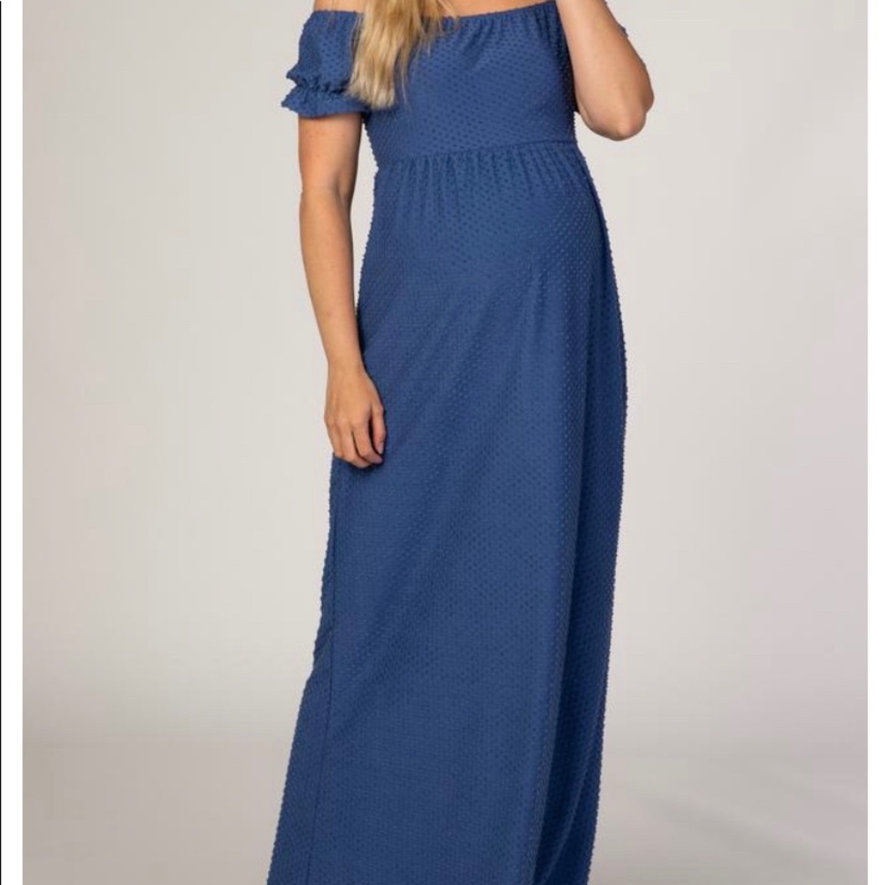 Blue Off Shoulder Textured Polka Dot Short Sleeve Maternity Maxi Dres